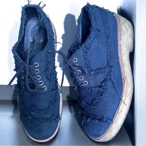 CHANEL CC Logo Platform Oxford Loafers Sz EU 38 US 8 Navy Canvas Preppy Grunge